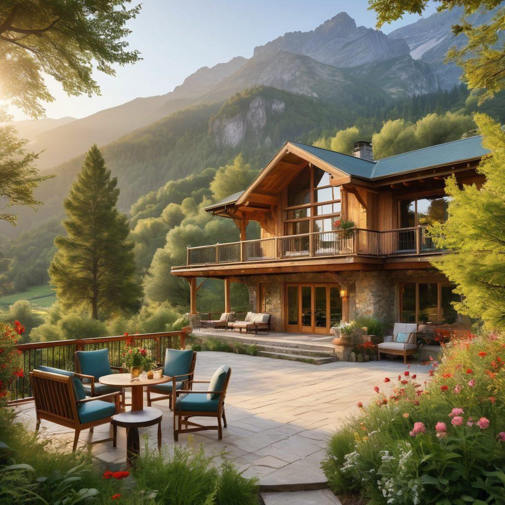 A luxurious lodge nestled in a serene mountain landscape, surrounded by lush greenery and vibrant wildflowers. Soft golden sunlight filters through the trees, creating a warm, inviting atmosphere. A cozy terrace with elegant furniture invites relaxation, while stunning panoramic views of majestic peaks in the background capture the essence of tranquility. Include a gentle breeze that sways the nearby branches for a touch of movement. super-realistic. vibrant colors. natural scenery.
