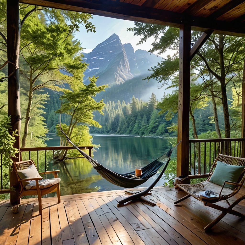 A serene lakeside cabin surrounded by lush greenery and majestic mountains, with a cozy porch that invites relaxation. Soft sunlight filters through the trees, casting dappled shadows on the wooden deck. A hammock sways gently between two trees, enhancing the peaceful atmosphere. In the foreground, a steaming cup of herbal tea rests on a rustic table, beckoning visitors to indulge in leisure. watercolor painting. soft colors. calming scenery.