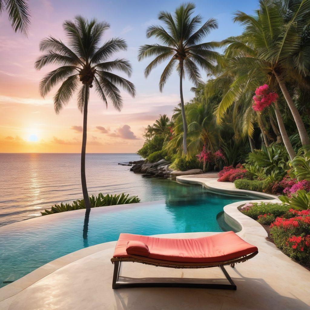 A serene tropical island with crystal-clear turquoise waters, surrounded by lush palm trees and vibrant flowers. A luxurious villa with an infinity pool overlooks the ocean, while a hammock sways gently in the breeze. In the distance, a golden sunset casts warm hues over the beach. Evoke a sense of tranquility and opulence. super-realistic. vibrant colors.